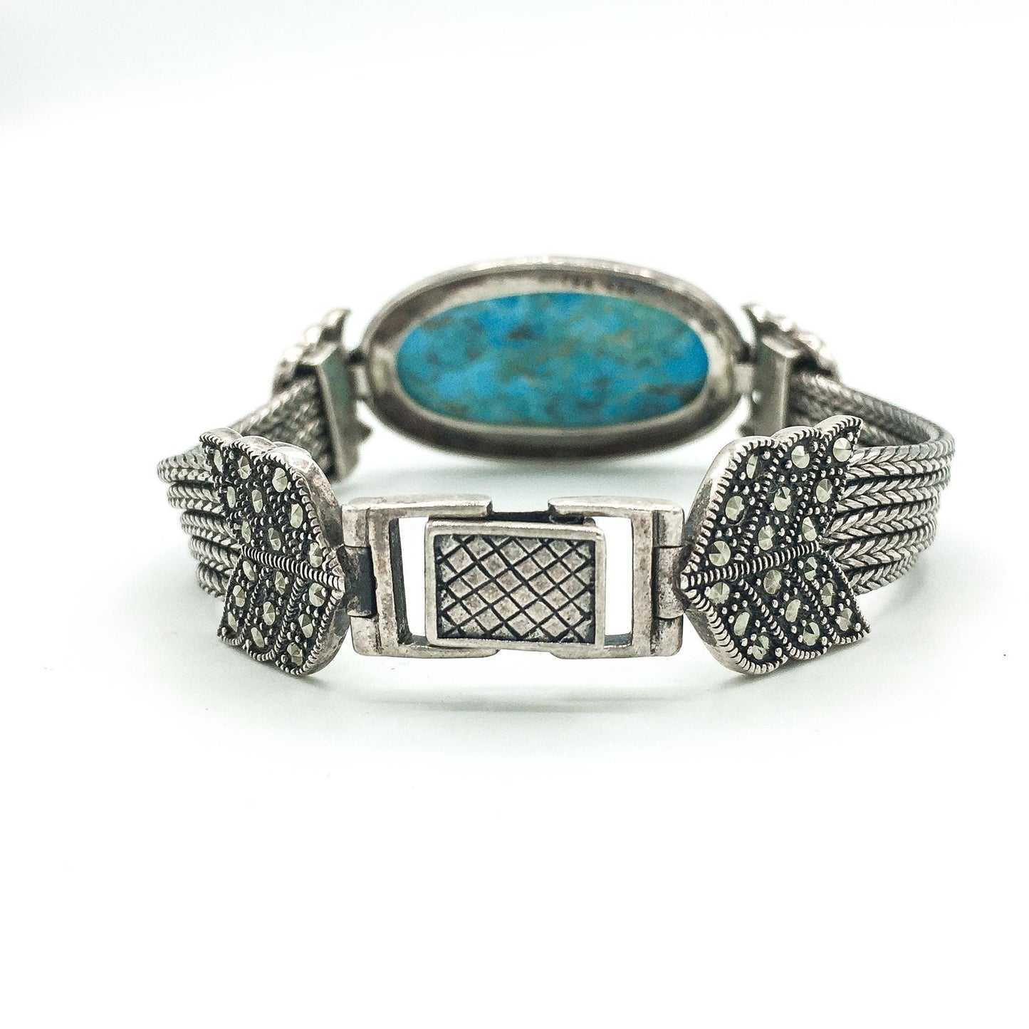 Vintage 925 Sterling Silver Turquoise and Marcasite Bracelet, BBJ, 7.5"