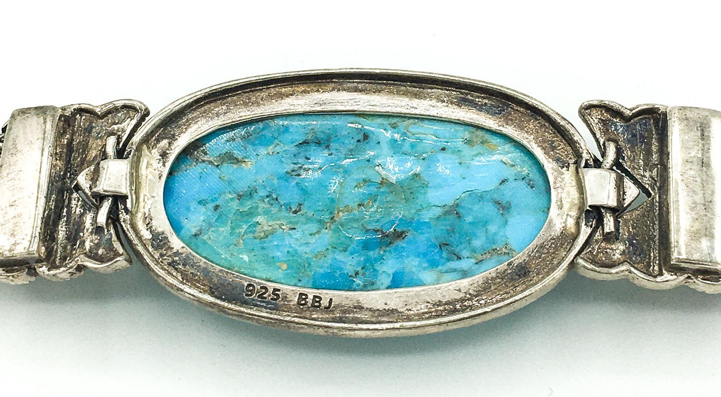 Vintage 925 Sterling Silver Turquoise and Marcasite Bracelet, BBJ, 7.5"