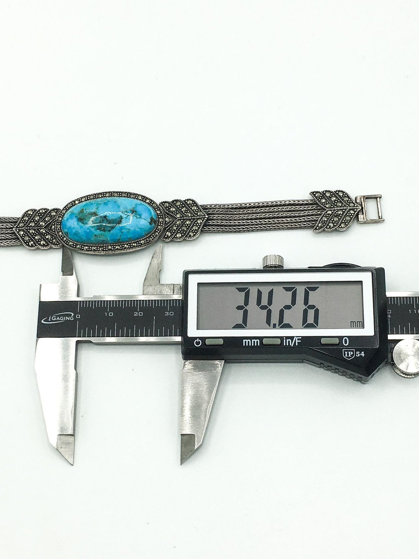 Vintage 925 Sterling Silver Turquoise and Marcasite Bracelet, BBJ, 7.5"