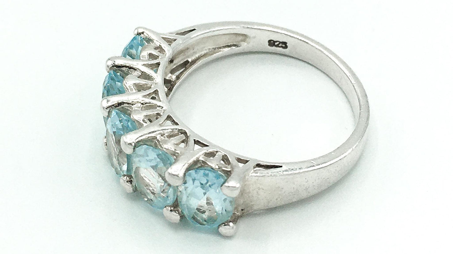 925 Sterling Silver Blue Topaz Five Stone Ring, Size 7.75