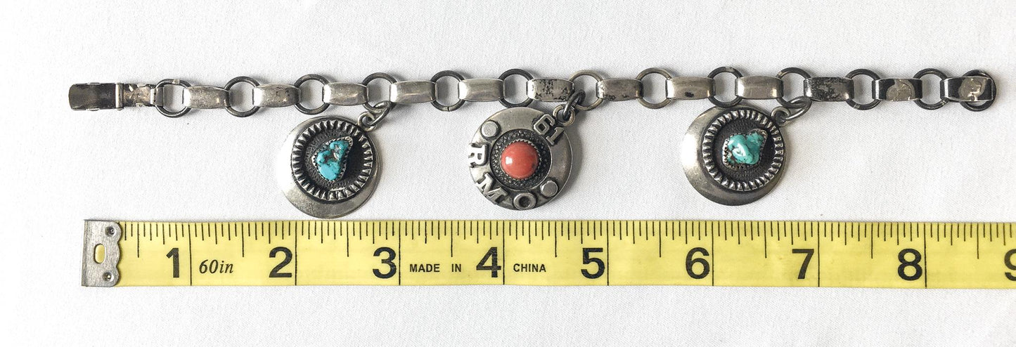 Vintage Frank Patania Sr. Sterling Silver with Turquoise and Coral Bracelet Circa 1961, Custom Made, Possibly one of a Kind, 8.5"