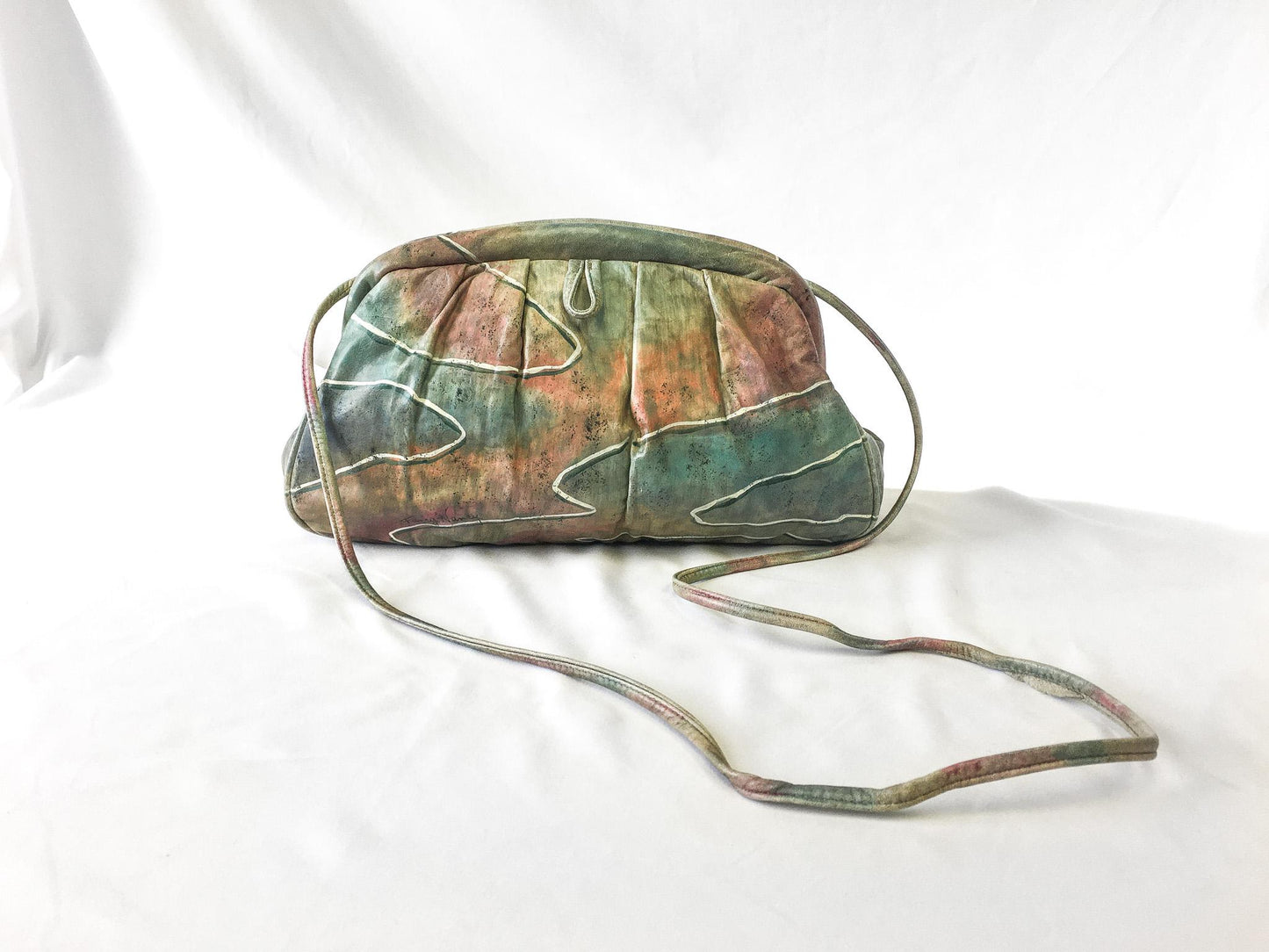 Vintage 80s Fancy Nancy Muted Rainbow Hand-Painted Leather Crossbody Handbag