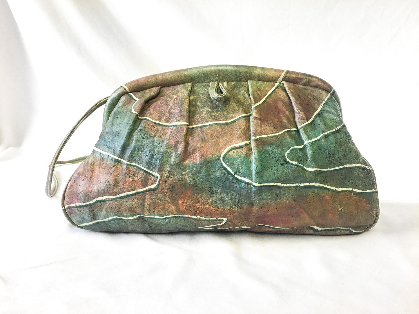 Vintage 80s Fancy Nancy Muted Rainbow Hand-Painted Leather Crossbody Handbag