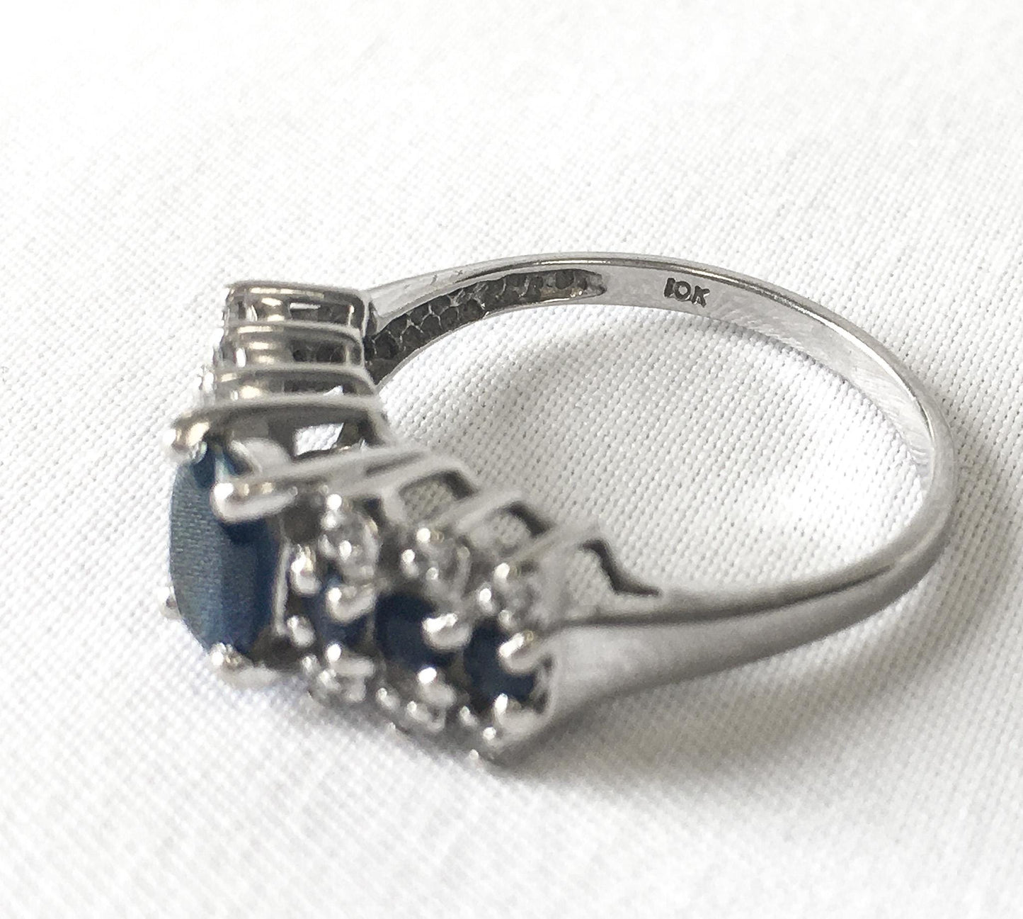 10K White Gold Genuine Sapphire and Diamond Ring, Cocktail Ring, Estate Jewelry, Size 6.75