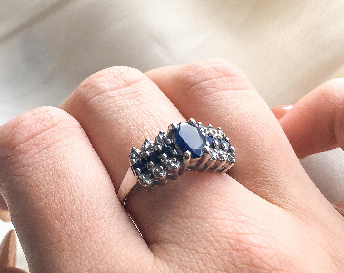 10K White Gold Genuine Sapphire and Diamond Ring, Cocktail Ring, Estate Jewelry, Size 6.75