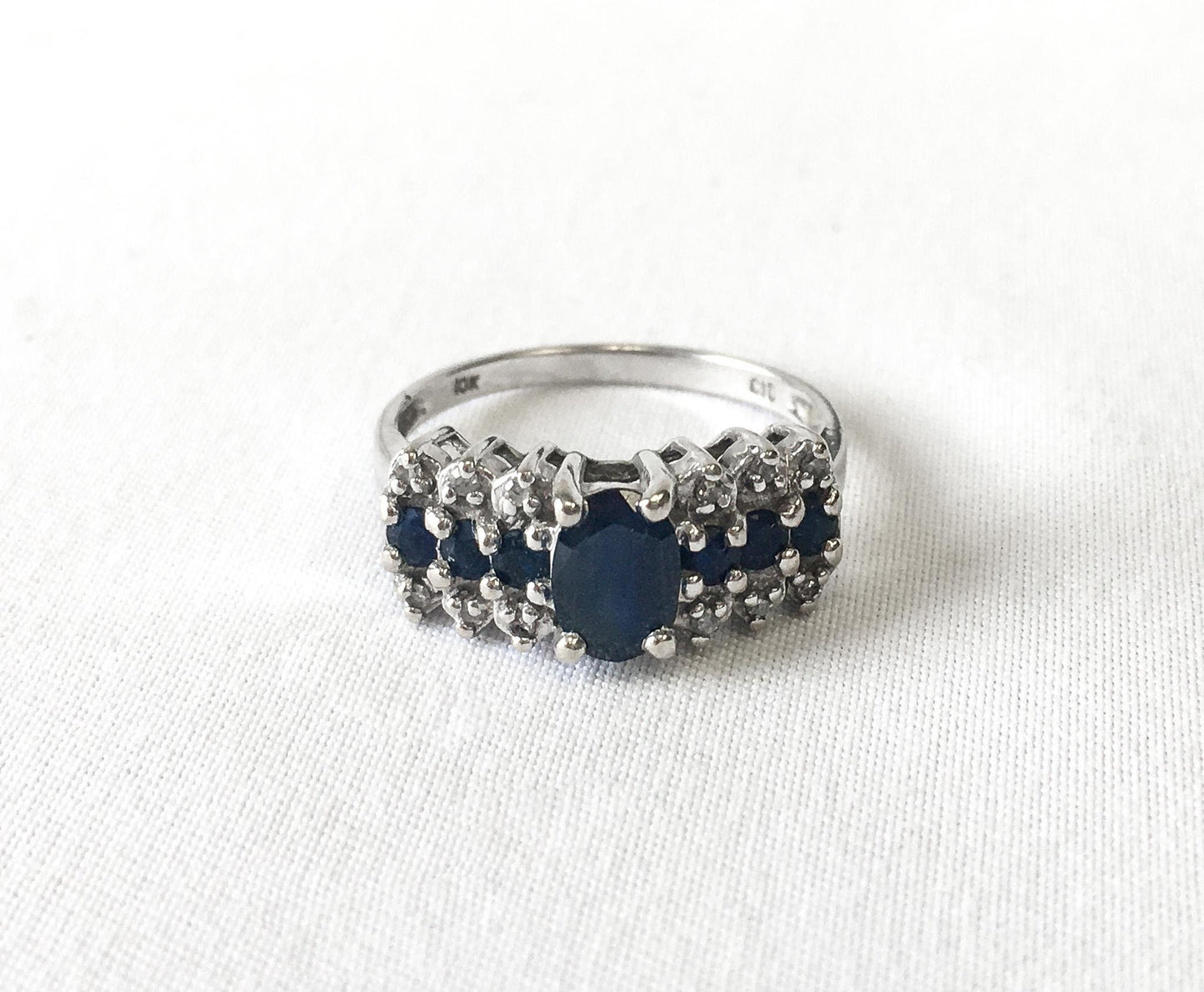 10K White Gold Genuine Sapphire and Diamond Ring, Cocktail Ring, Estate Jewelry, Size 6.75