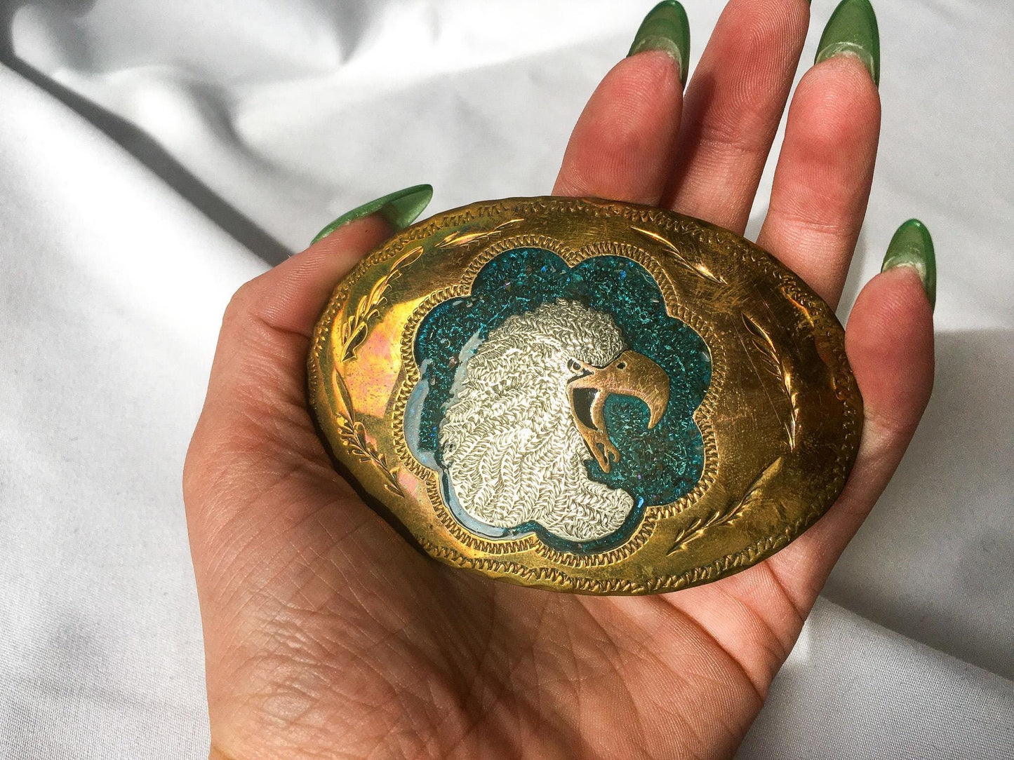 Vintage 80s Handcrafted Brass and Aluminum Bald Eagle Head Belt Buckle, One of a Kind, Vintage Western Belt Buckle