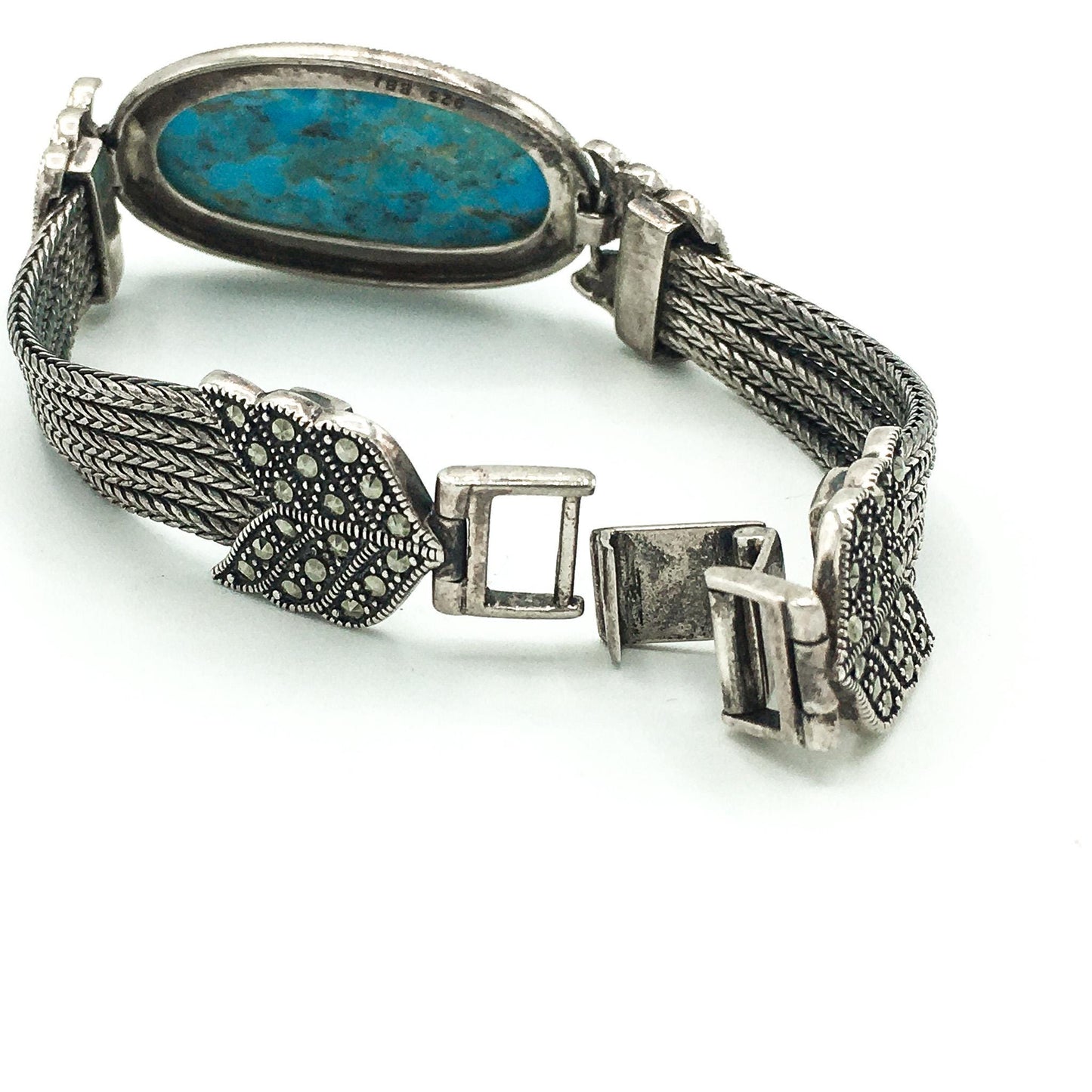 Vintage 925 Sterling Silver Turquoise and Marcasite Bracelet, BBJ, 7.5"