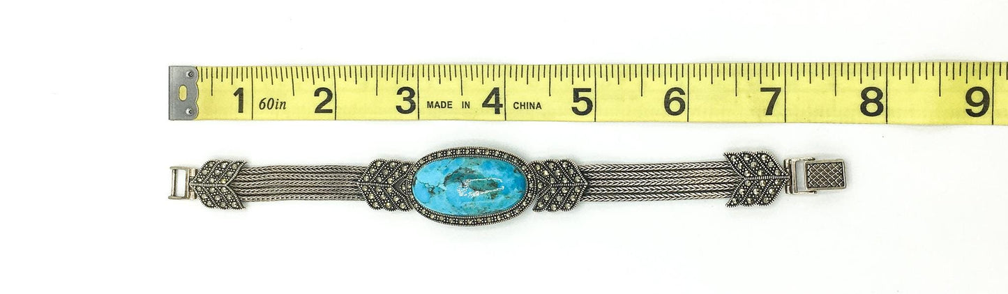 Vintage 925 Sterling Silver Turquoise and Marcasite Bracelet, BBJ, 7.5"