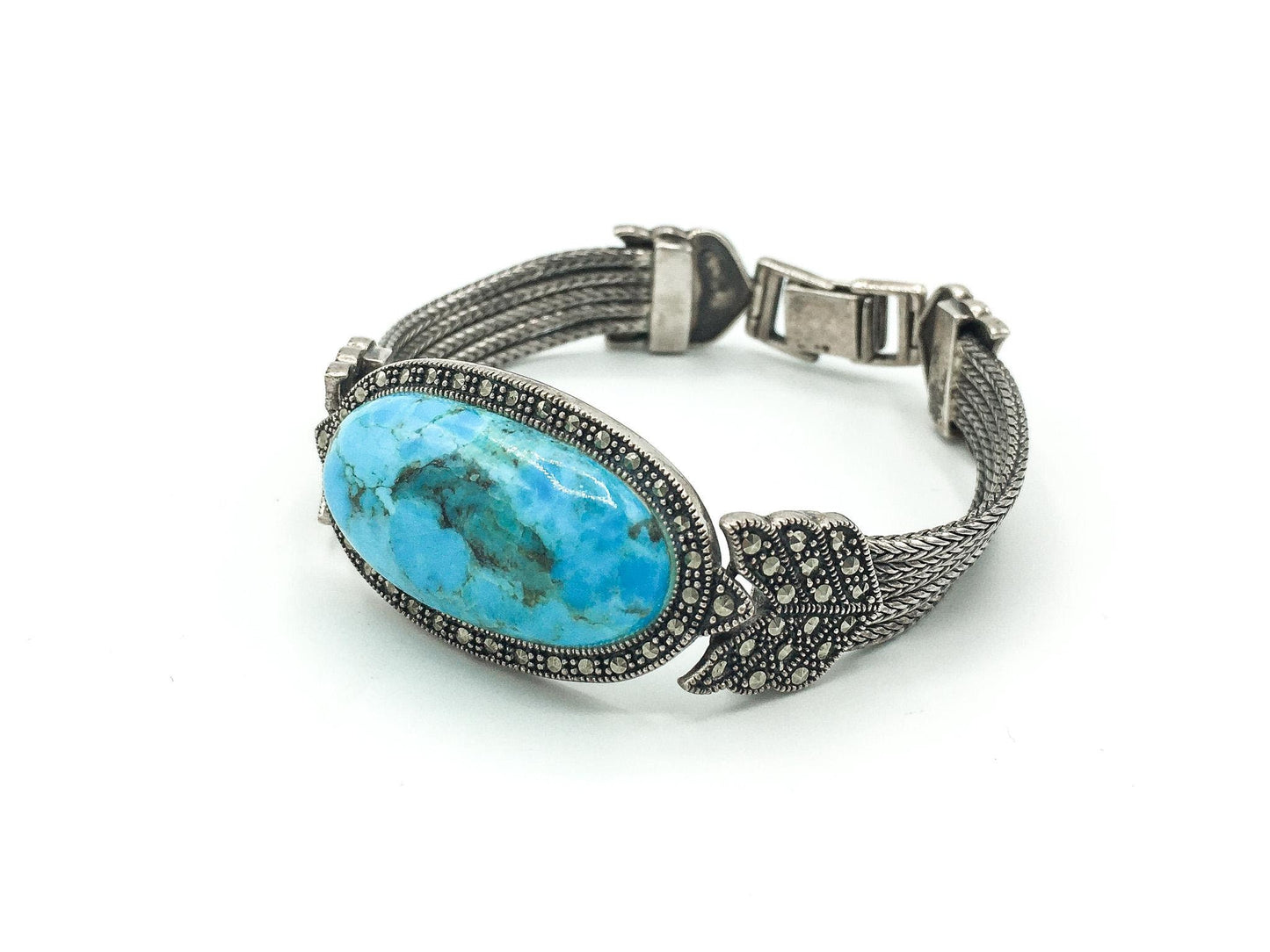 Vintage 925 Sterling Silver Turquoise and Marcasite Bracelet, BBJ, 7.5"
