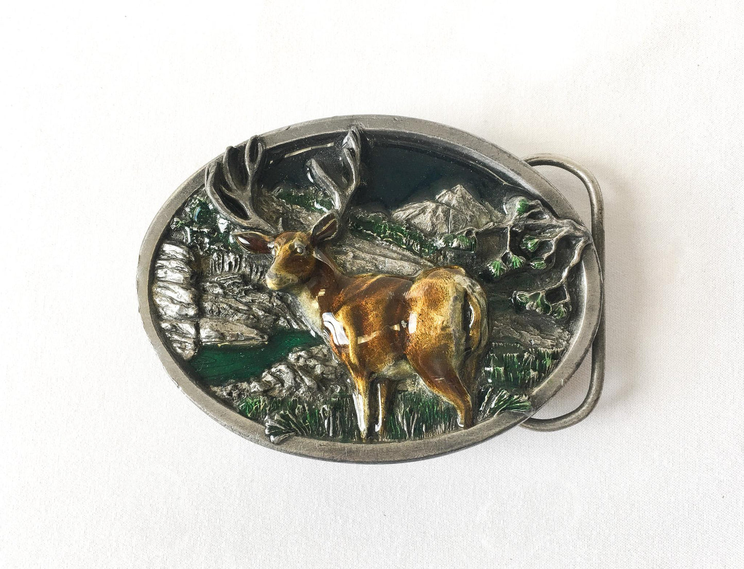 Vintage 80s Bergamot Silver Tone Brass and Enamel Deer Belt Buckle, Vintage Western Belt Buckle
