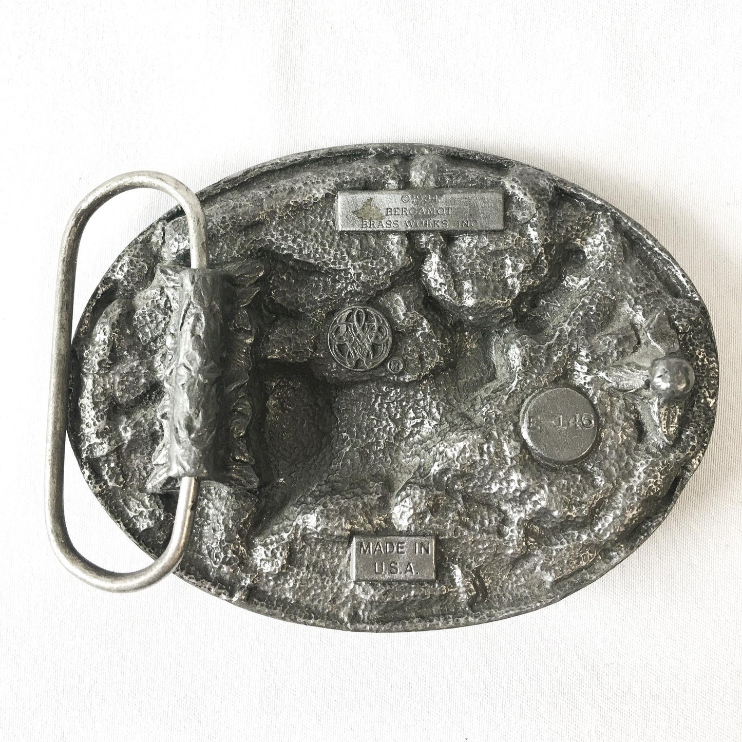 Vintage 80s Bergamot Silver Tone Brass and Enamel Deer Belt Buckle, Vintage Western Belt Buckle