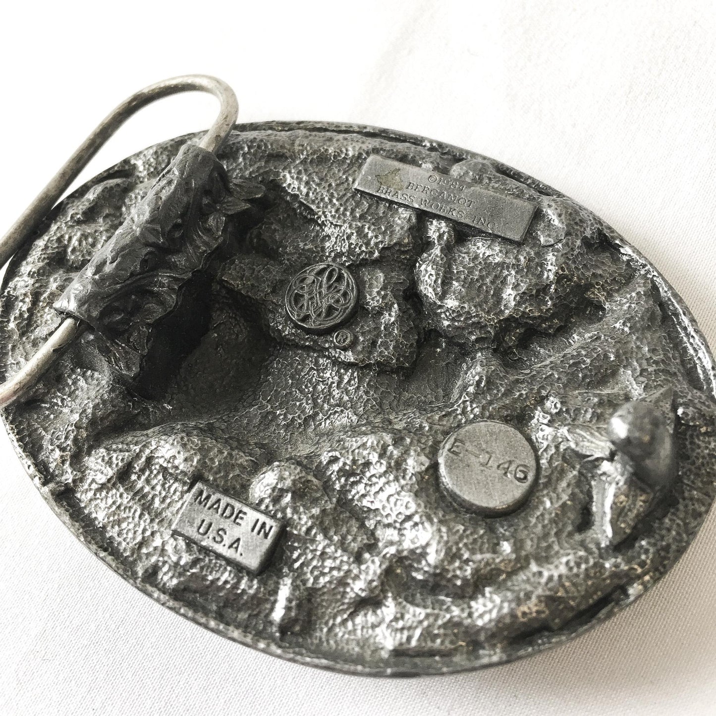 Vintage 80s Bergamot Silver Tone Brass and Enamel Deer Belt Buckle, Vintage Western Belt Buckle