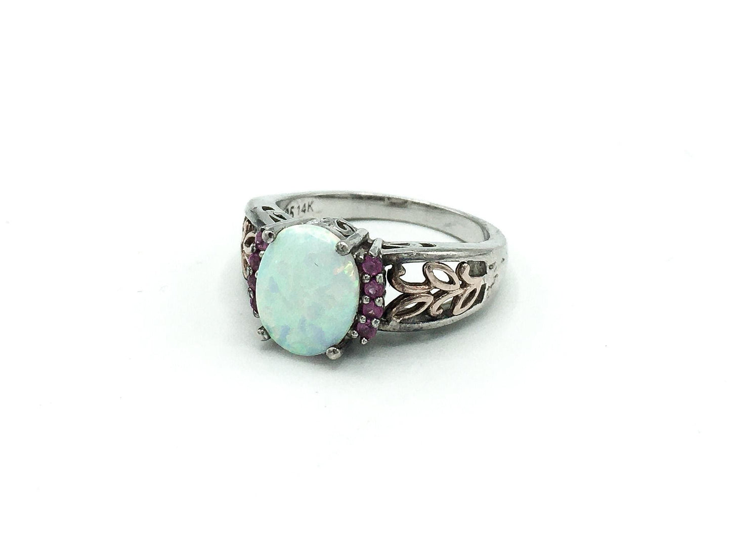 Vintage 925 Opal with Pink Ruby Side Stones and 14K Scrolls on Band Ring, Size 6.5