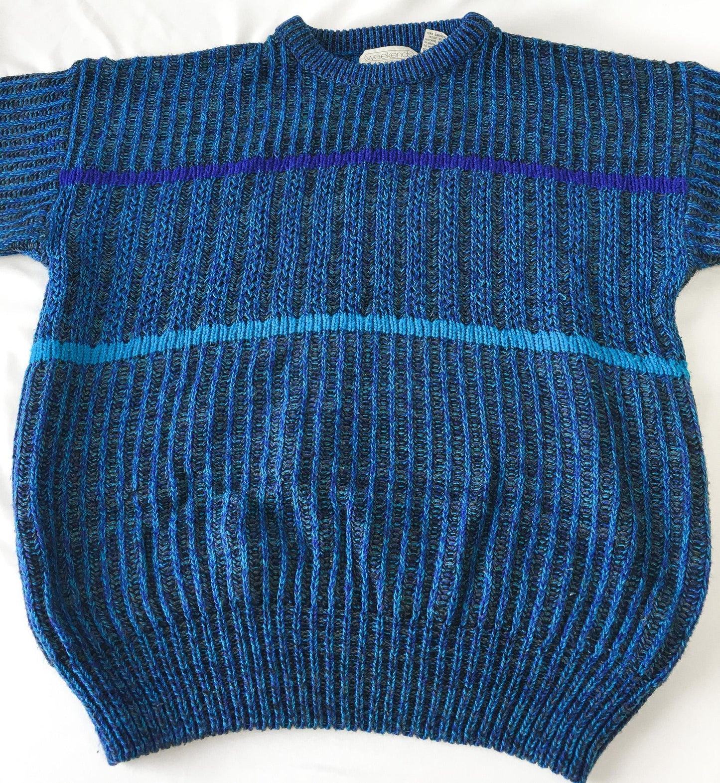 Vintage 90s Weekends in California Blue and Purple Striped Knit Sweater, Men's Sz. L, Vintage Grandpa Sweater