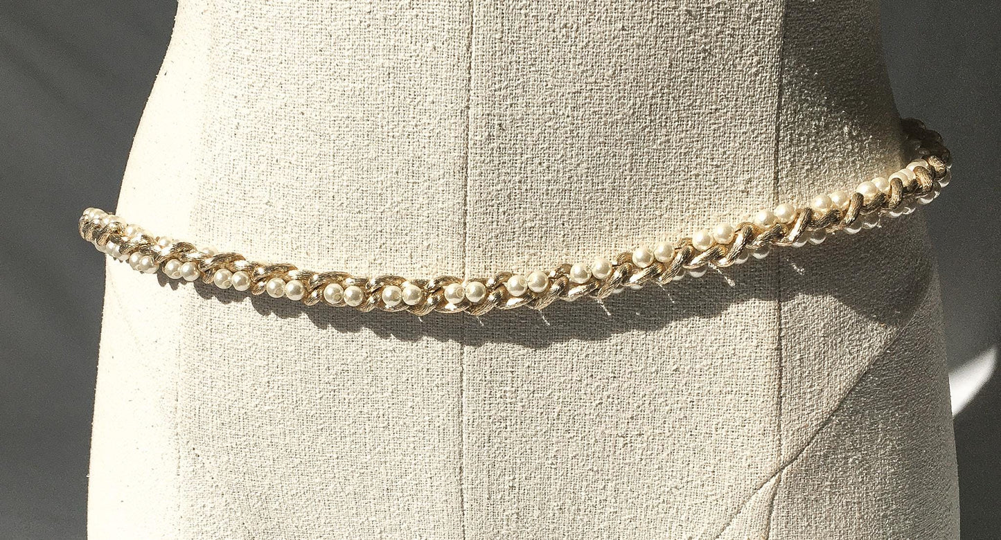 Vintage Faux Pearl and Gold Toned Knotted Chain Belt, Vintage Art Deco Style Belt