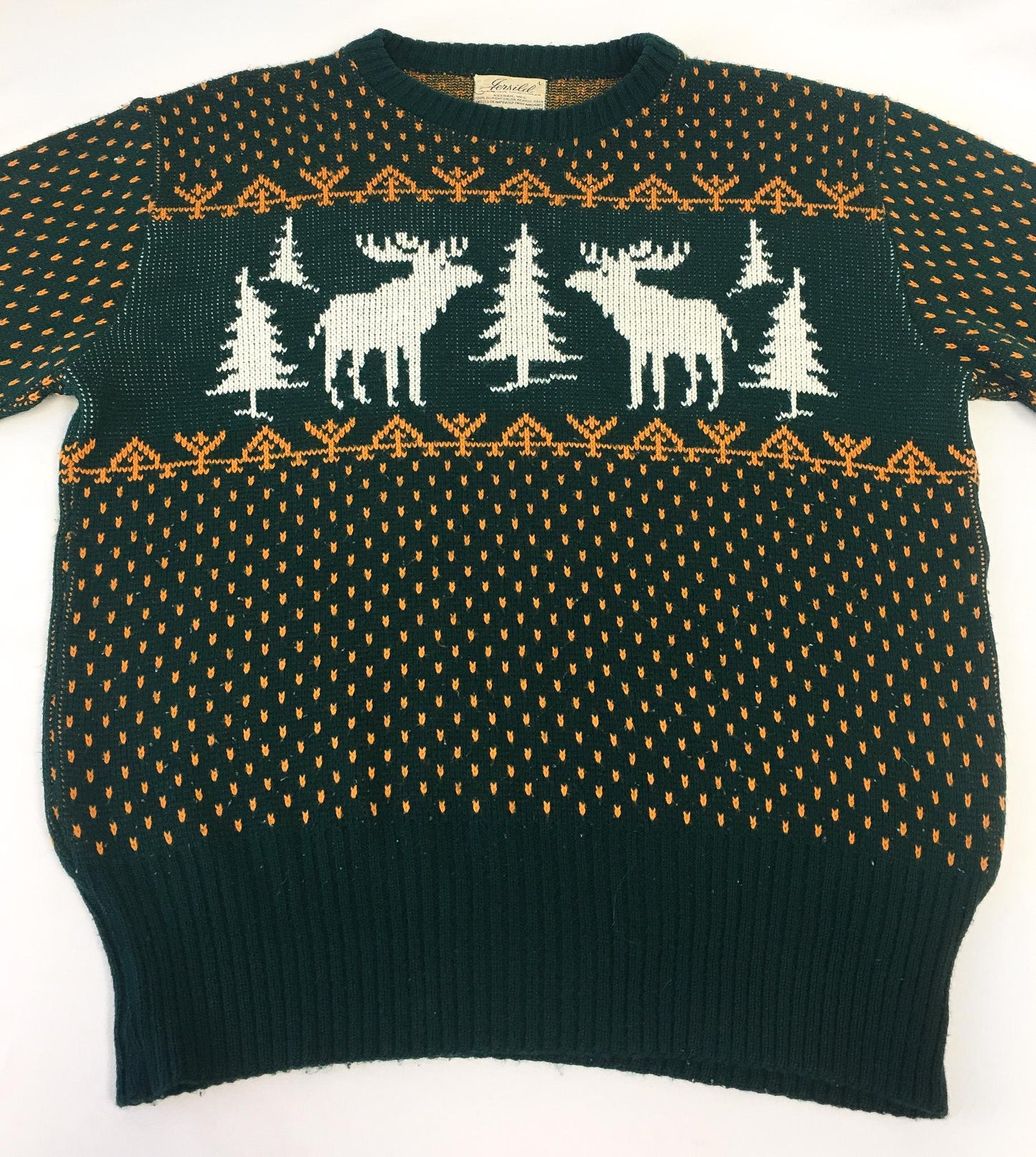 Vintage 60s Jersild Green and Gold Reindeer Fair Isle Sweater, Sz. L, Vintage Christmas Holiday Sweater