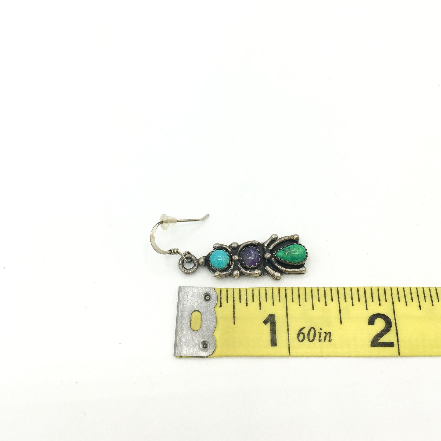 Vintage Charles Johnson 925 Sterling Silver Dangle Earrings with Blue, Purple and Green Turquoise Stones, Spider/Bug Design