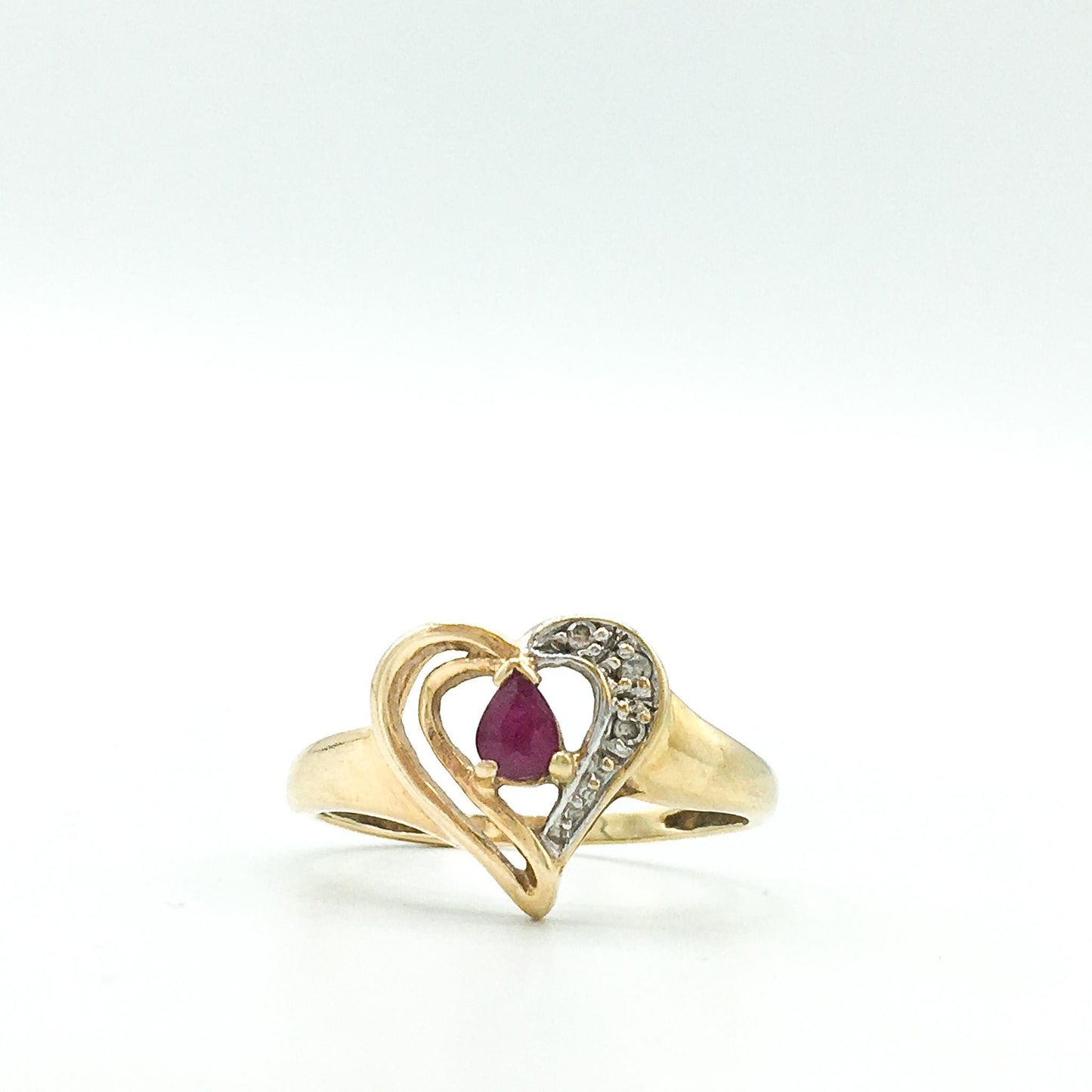 10K Pear Shaped Ruby and Diamond Heart Ring, Size 5