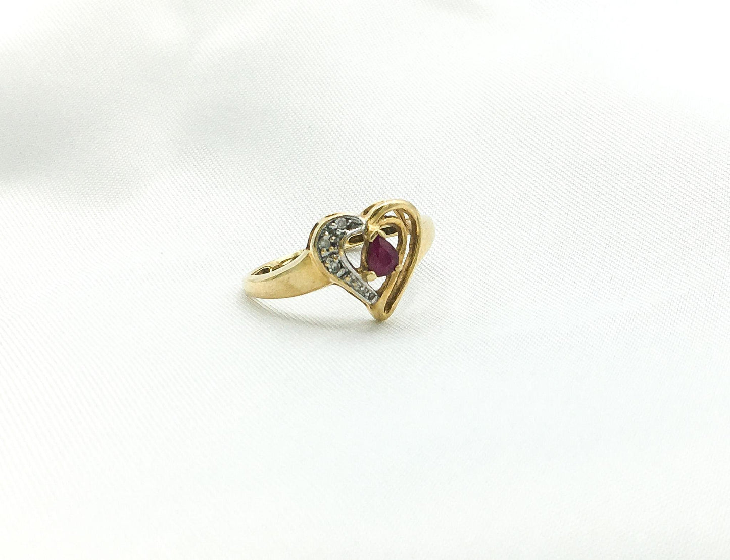 10K Pear Shaped Ruby and Diamond Heart Ring, Size 5