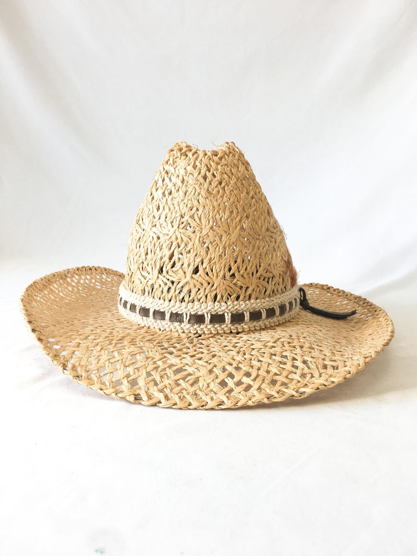 Vintage Bailey's U-Rollit Straw Hat with Feathered and Leather Woven Band, Sz. Approx, 22" Circumference Vintage Western Cowboy Hat