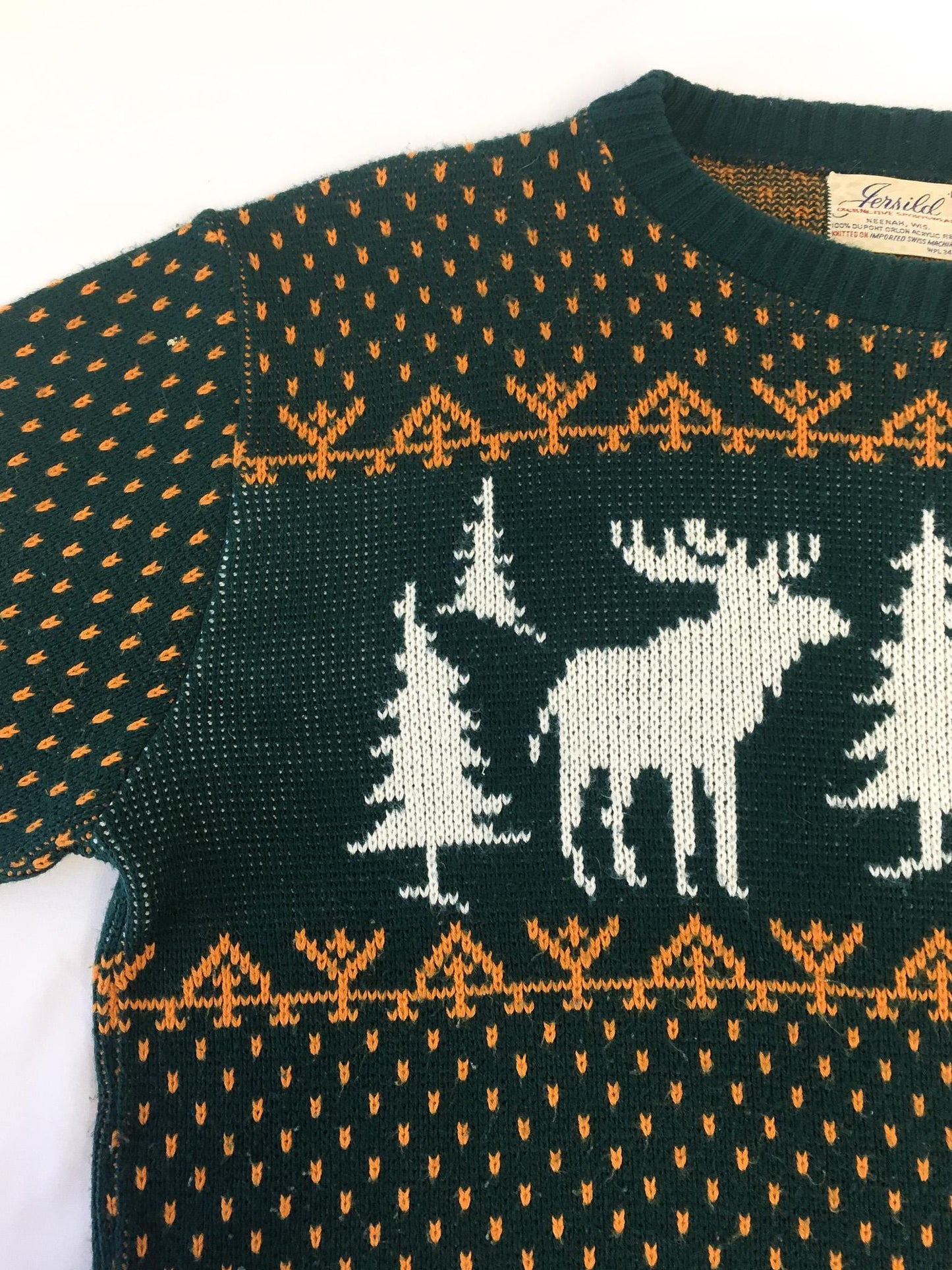 Vintage 60s Jersild Green and Gold Reindeer Fair Isle Sweater, Sz. L, Vintage Christmas Holiday Sweater
