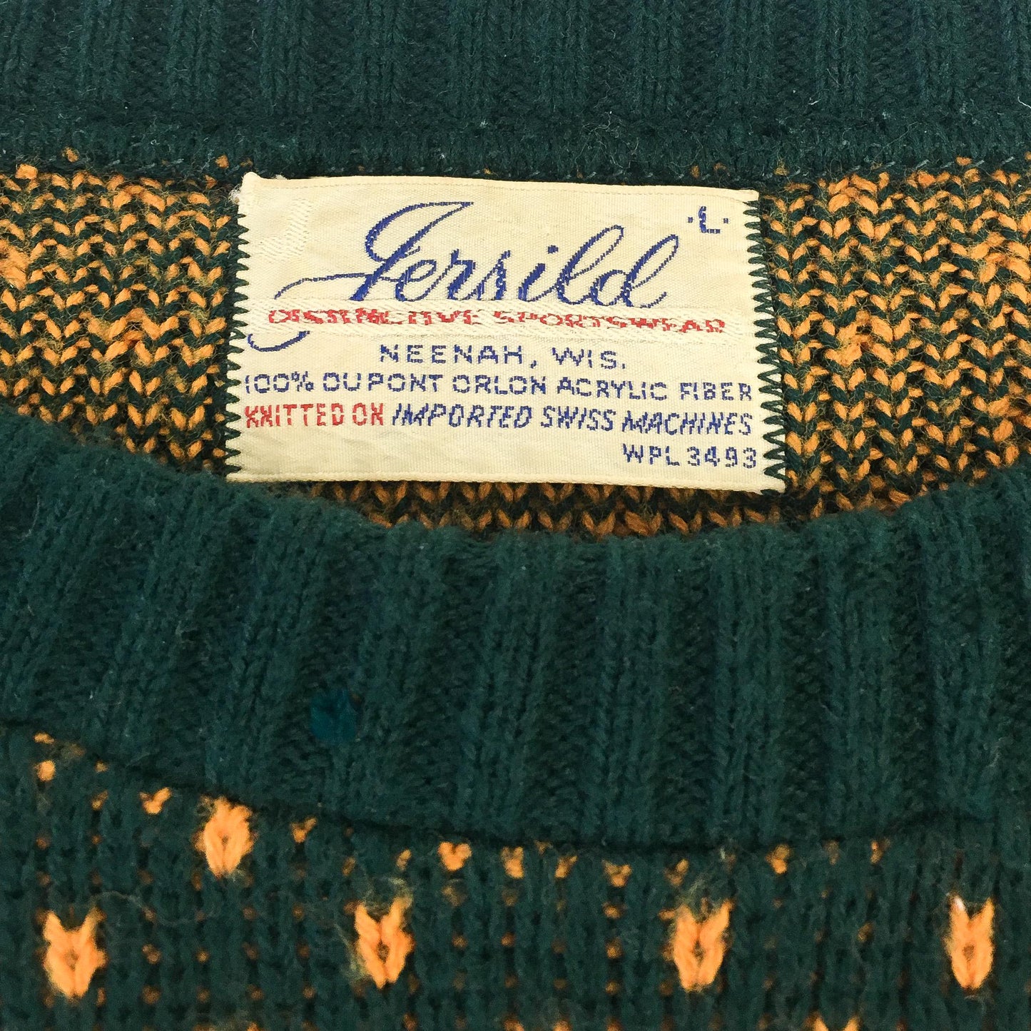 Vintage 60s Jersild Green and Gold Reindeer Fair Isle Sweater, Sz. L, Vintage Christmas Holiday Sweater