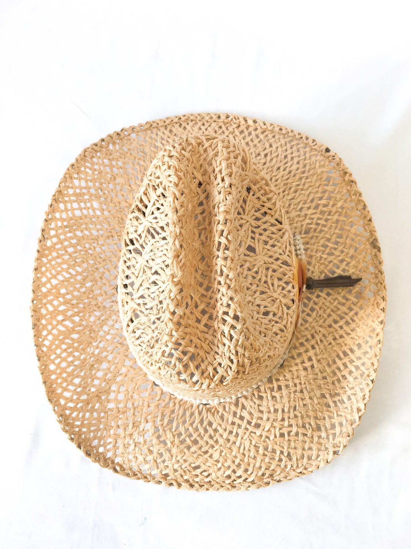 Vintage Bailey's U-Rollit Straw Hat with Feathered and Leather Woven Band, Sz. Approx, 22" Circumference Vintage Western Cowboy Hat