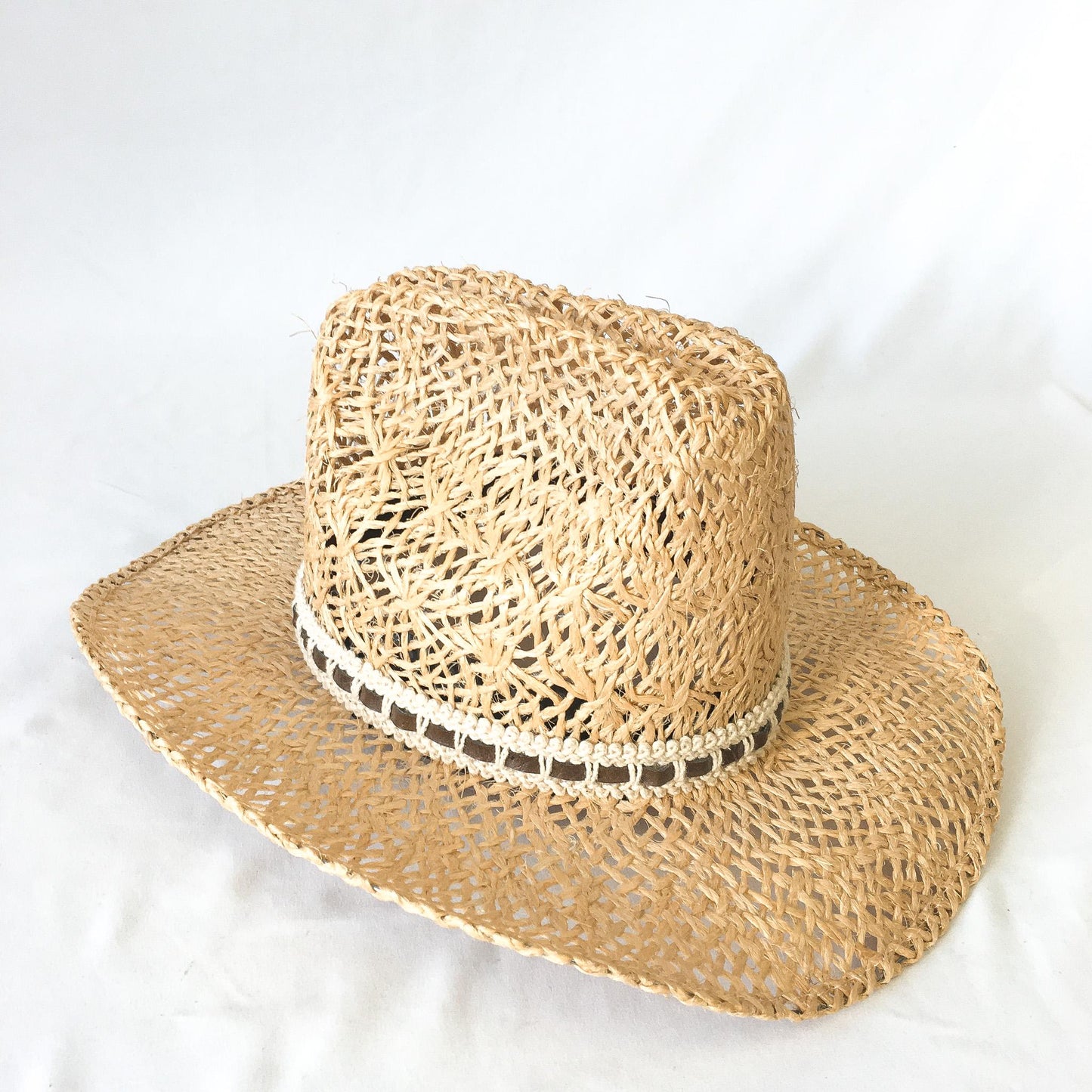 Vintage Bailey's U-Rollit Straw Hat with Feathered and Leather Woven Band, Sz. Approx, 22" Circumference Vintage Western Cowboy Hat