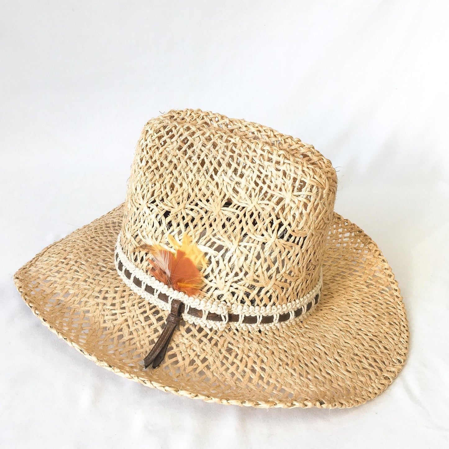Vintage Bailey's U-Rollit Straw Hat with Feathered and Leather Woven Band, Sz. Approx, 22" Circumference Vintage Western Cowboy Hat