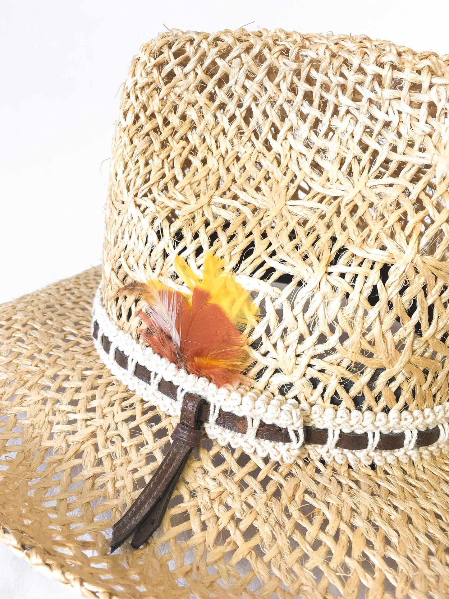 Vintage Bailey's U-Rollit Straw Hat with Feathered and Leather Woven Band, Sz. Approx, 22" Circumference Vintage Western Cowboy Hat