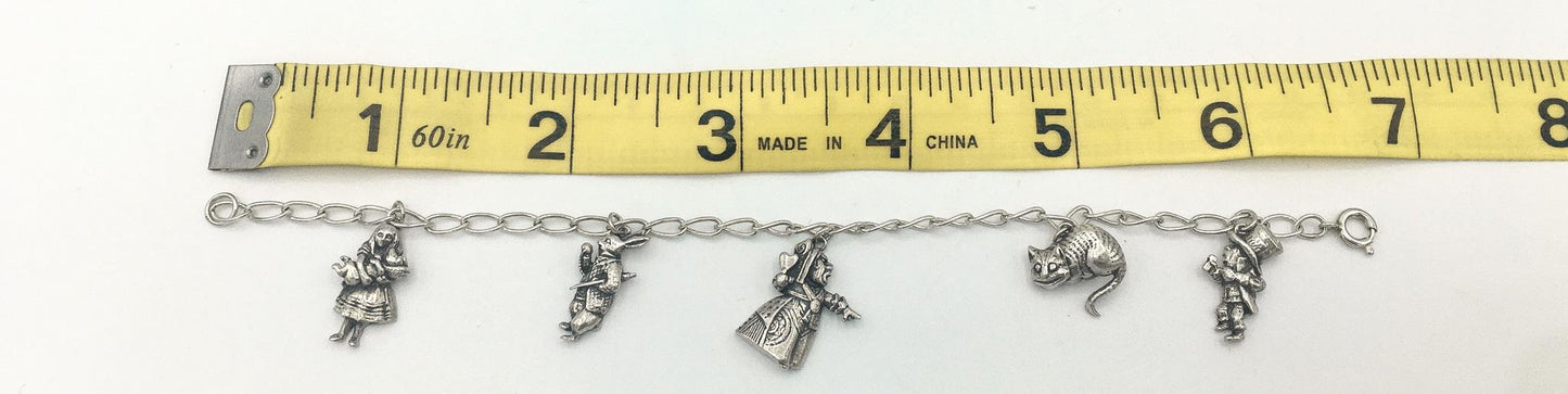 Vintage 1991 Alice in Wonderland Sterling Silver Character Charm Bracelet, 6", Vintage Disney Jewelry