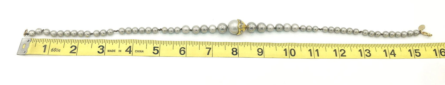 Vintage Alexis Bittar Silver Faux Pearls with Gold Tone Rhinestone Accent Necklace, 16"