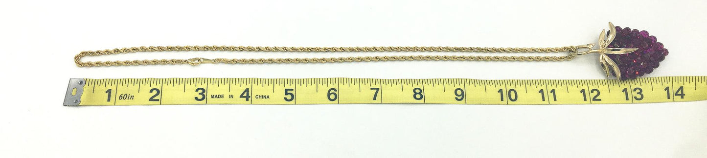 Vintage Trifari Briolette Fuschia Rhinestone Strawberry Necklace, 24" Chain, 2" Pendant