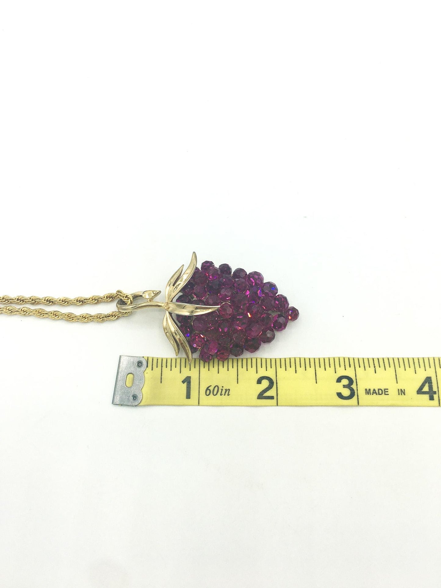 Vintage Trifari Briolette Fuschia Rhinestone Strawberry Necklace, 24" Chain, 2" Pendant