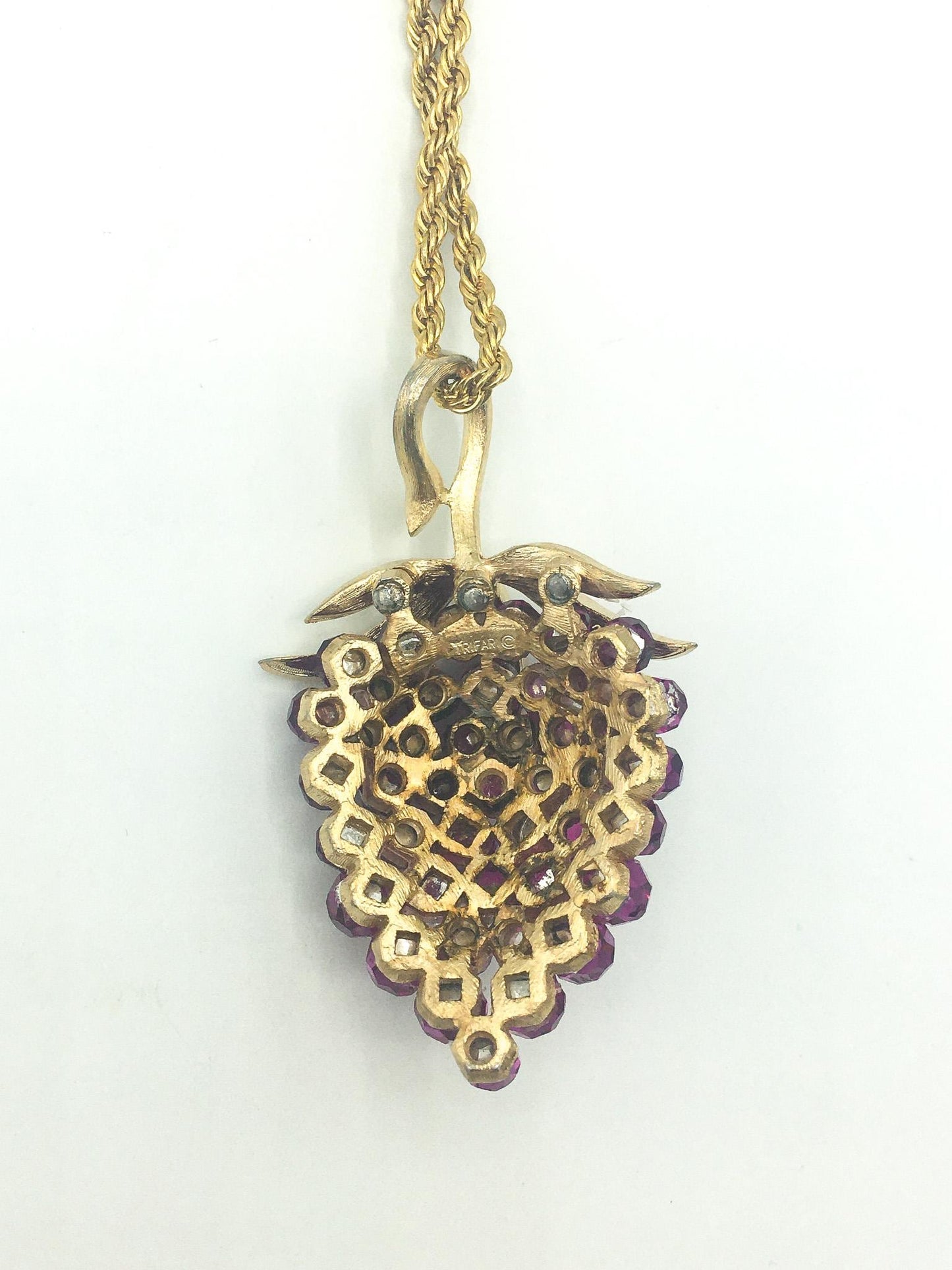Vintage Trifari Briolette Fuschia Rhinestone Strawberry Necklace, 24" Chain, 2" Pendant