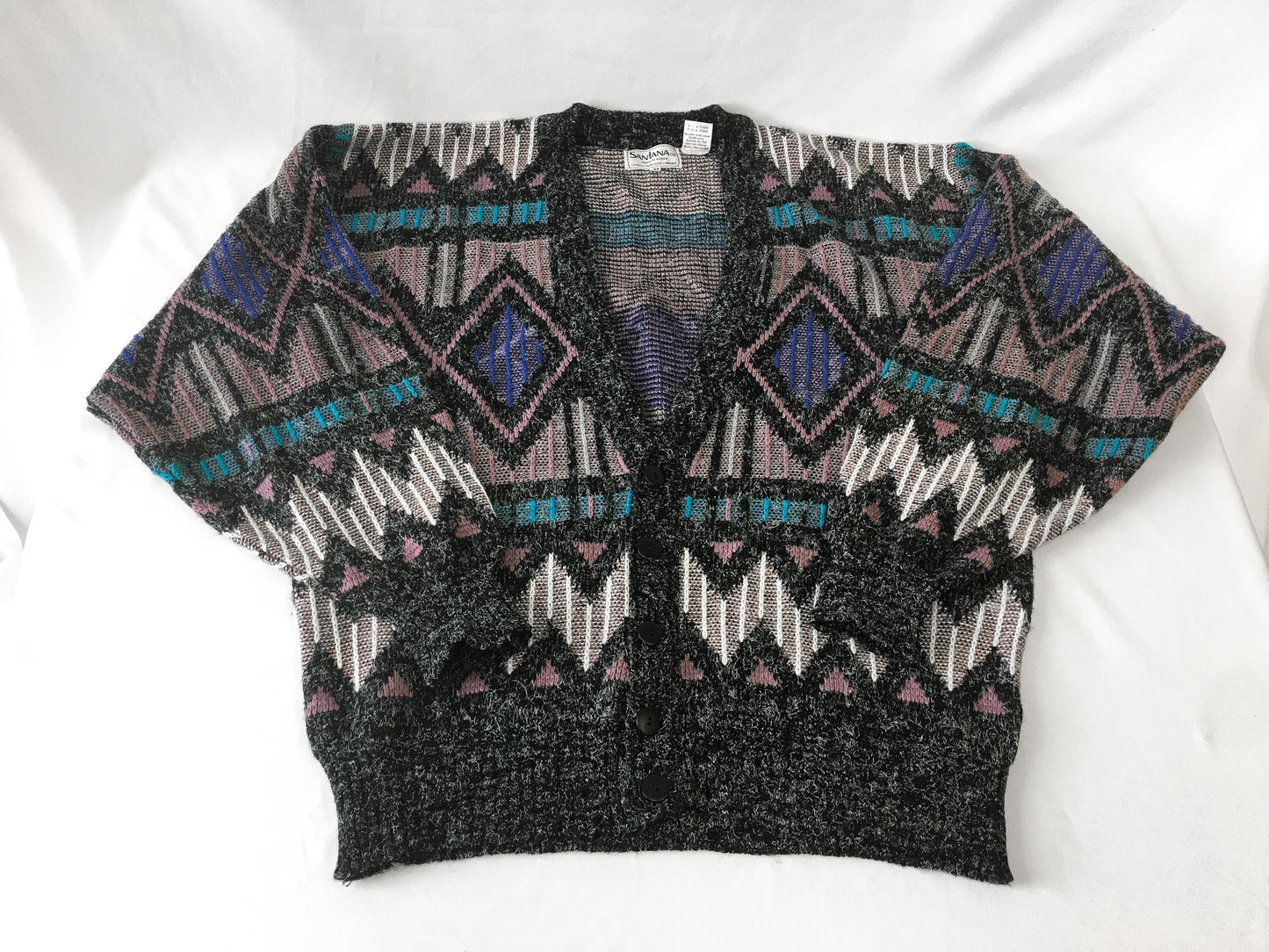 Vintage 90s Santana Gray Multicolor Abstract Print Button Cardigan, Sz. M, Vintage Grandpa Sweater