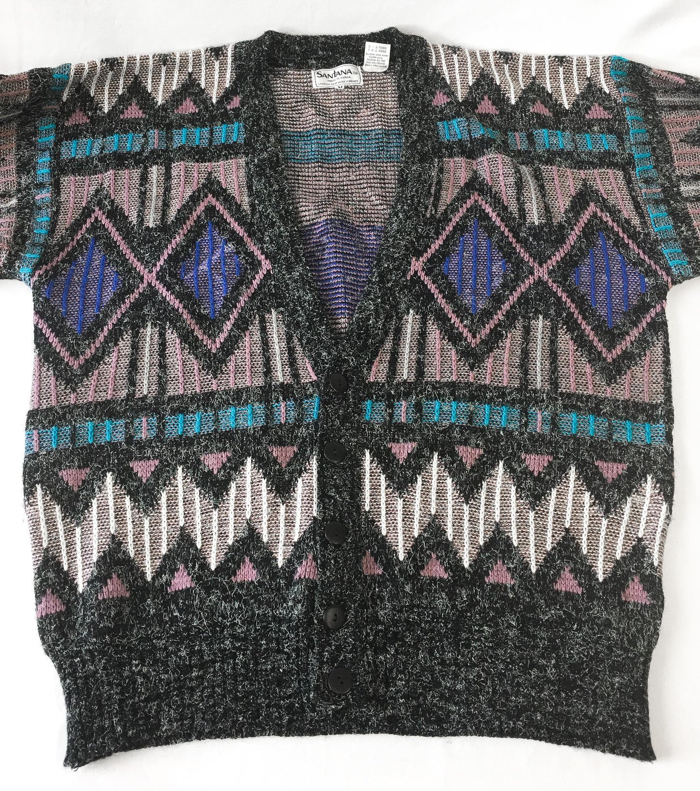 Vintage 90s Santana Gray Multicolor Abstract Print Button Cardigan, Sz. M, Vintage Grandpa Sweater