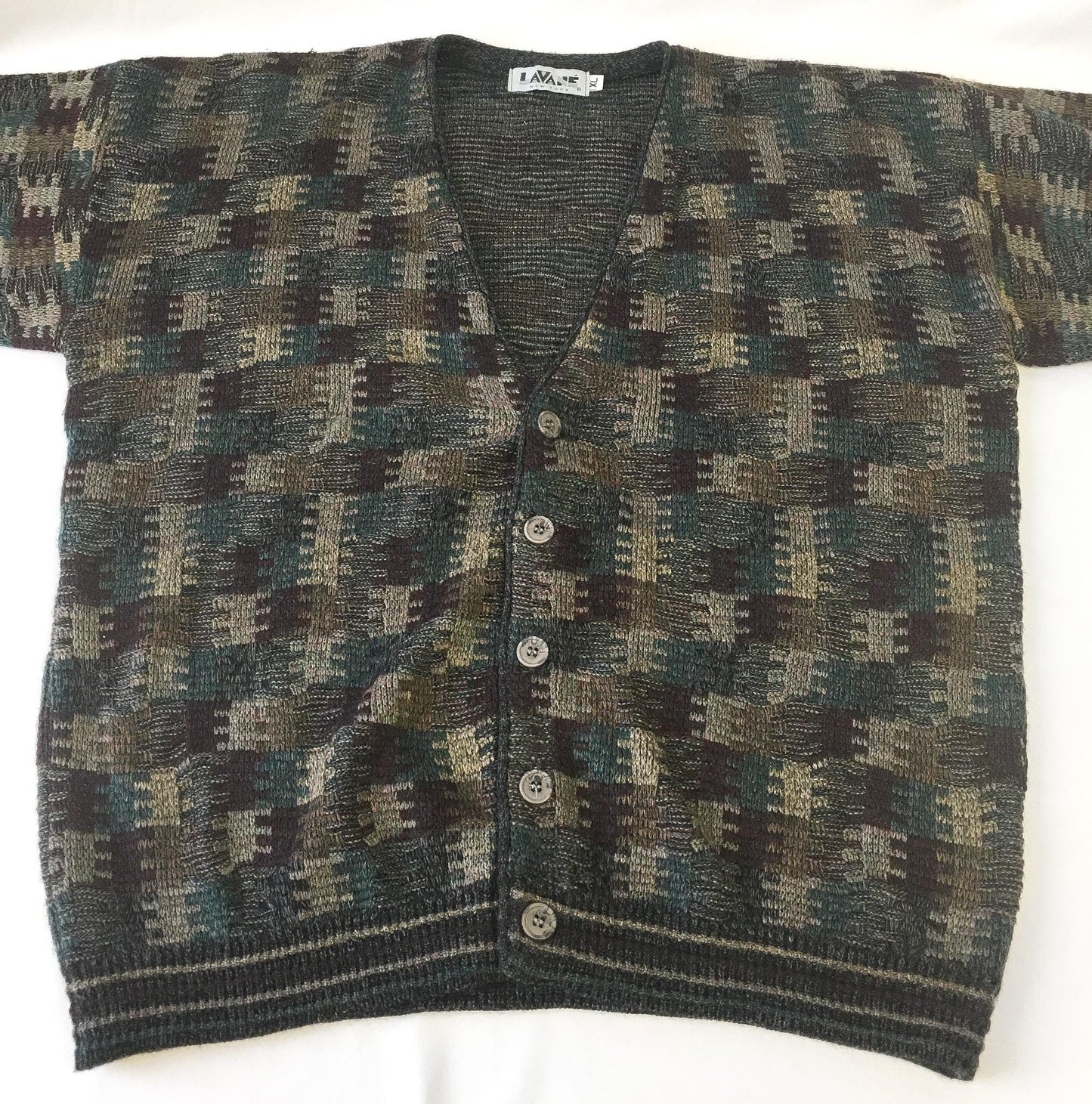 Vintage 90s Lavane Neutral Multicolor Abstract Patterned Cardigan Sweater, Sz. XL, Vintage Grandpa Sweater