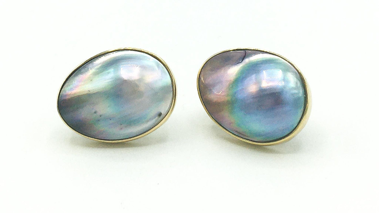 24K Gold Edge Blister Pearl Oval Stud Earrings, Unique Colored Pearl Earrings