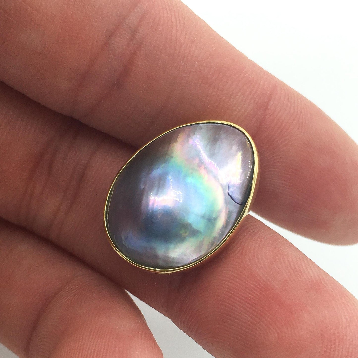 24K Gold Edge Blister Pearl Oval Stud Earrings, Unique Colored Pearl Earrings