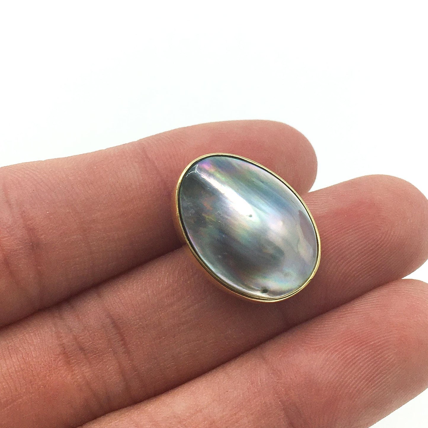 24K Gold Edge Blister Pearl Oval Stud Earrings, Unique Colored Pearl Earrings