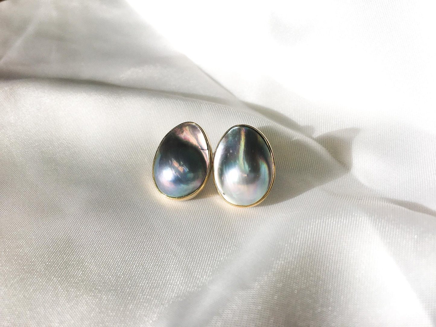 24K Gold Edge Blister Pearl Oval Stud Earrings, Unique Colored Pearl Earrings