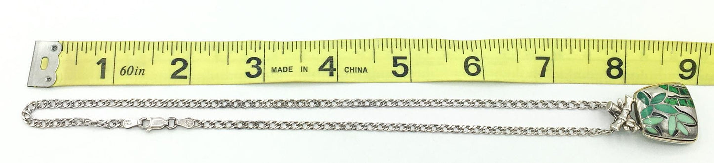 18K 925 Eric Grossbardt Green Bamboo Pendant on 925 Italy 16" Chain, Rare Find