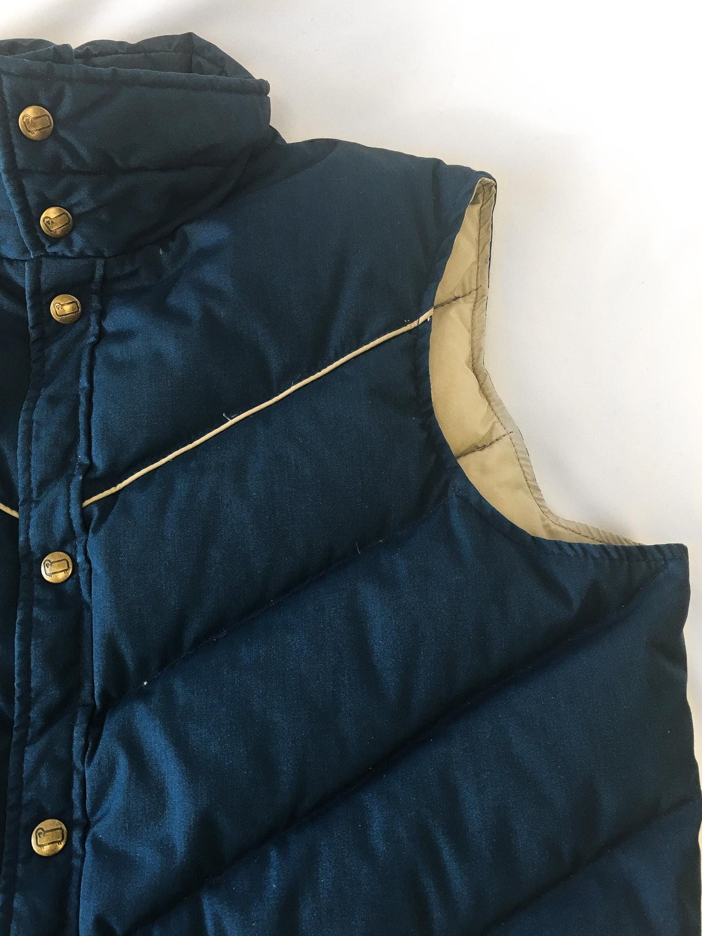 Vintage 80s Woolrich Navy Blue and Beige Down Puffer Vest, Women's Sz. L