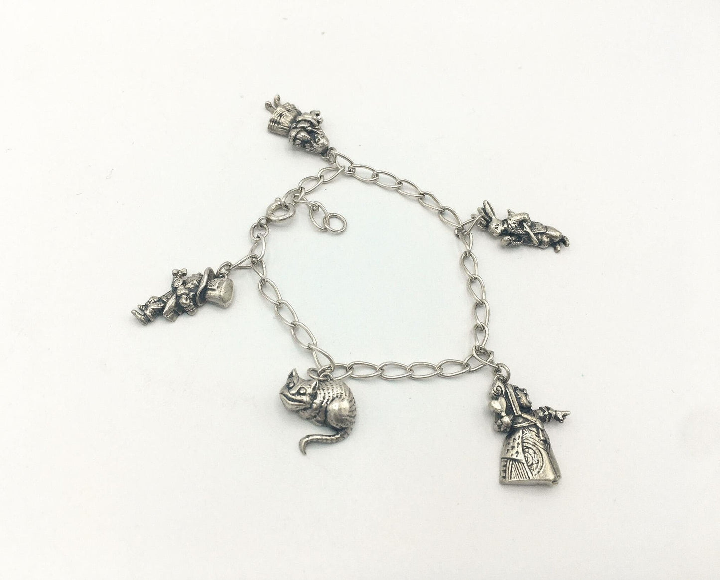 Vintage 1991 Alice in Wonderland Sterling Silver Character Charm Bracelet, 6", Vintage Disney Jewelry