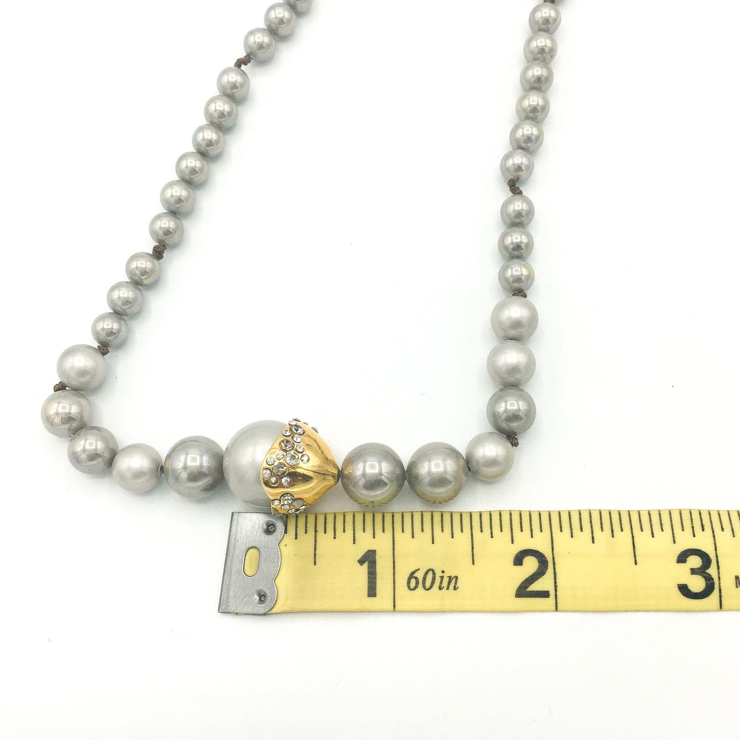 Vintage Alexis Bittar Silver Faux Pearls with Gold Tone Rhinestone Accent Necklace, 16"