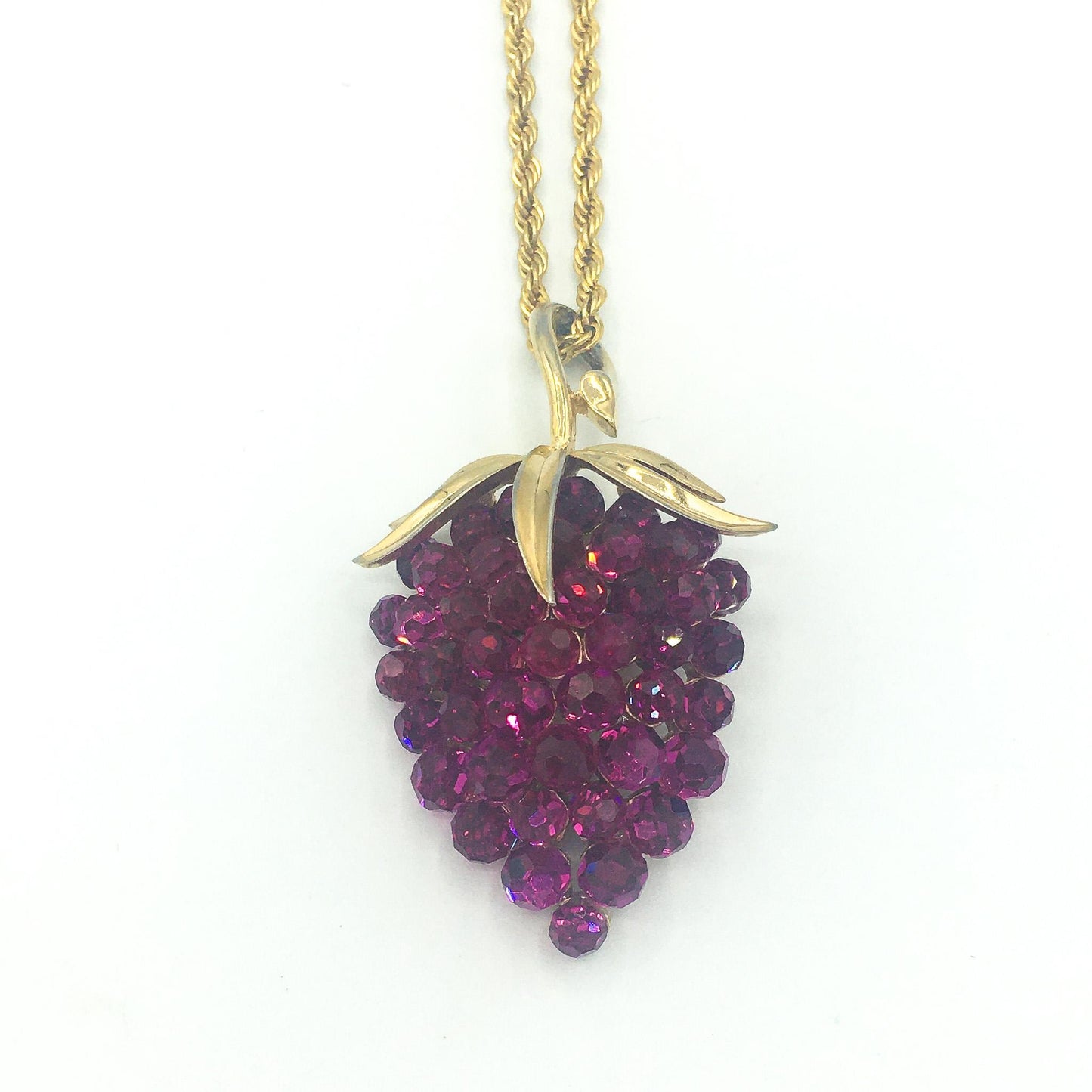 Vintage Trifari Briolette Fuschia Rhinestone Strawberry Necklace, 24" Chain, 2" Pendant