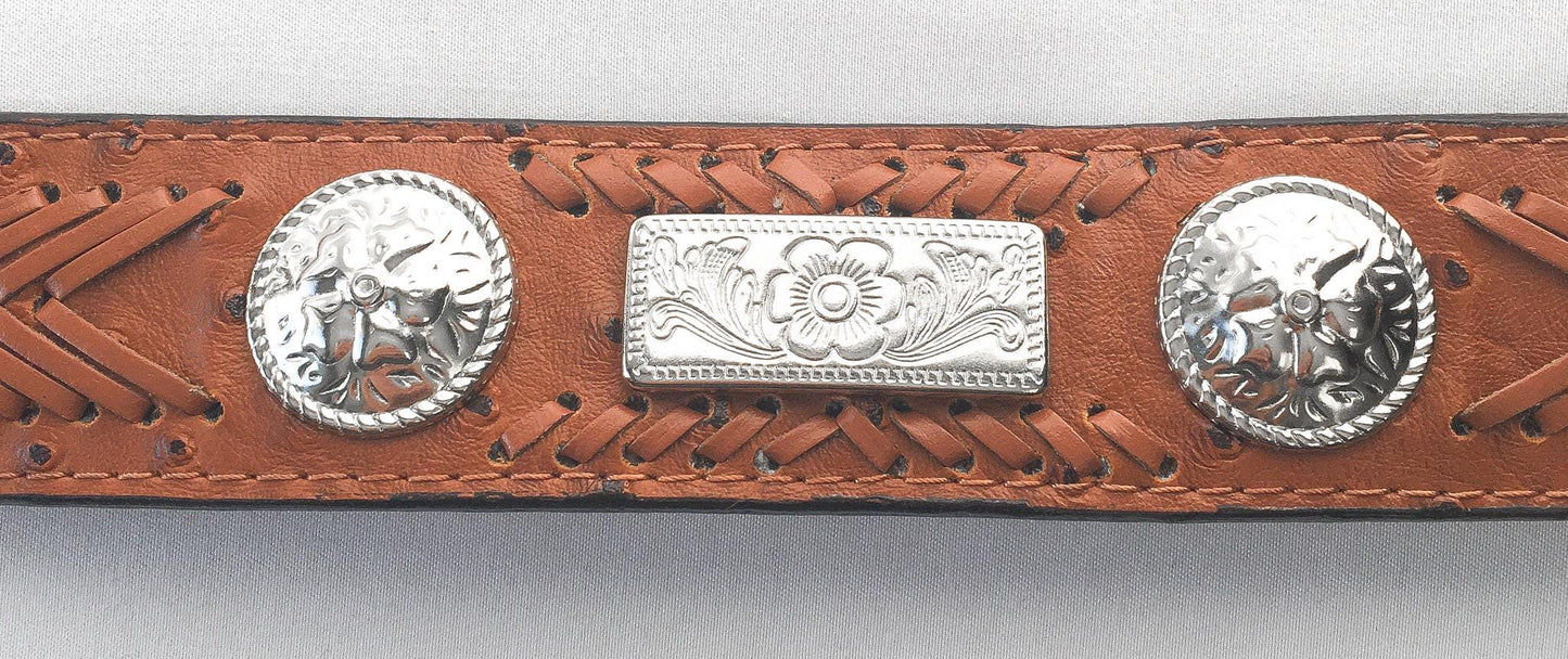 Vintage Ostrich Faux Leather Silver Toned Woven Concho Belt, Sz. 44, Vintage Western Belt