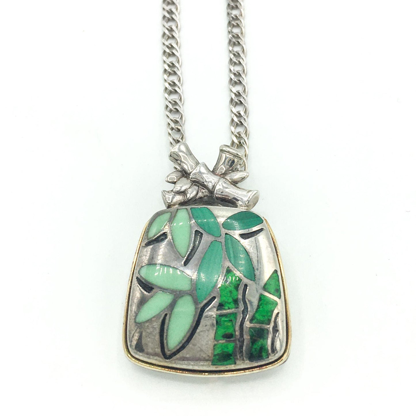 18K 925 Eric Grossbardt Green Bamboo Pendant on 925 Italy 16" Chain, Rare Find